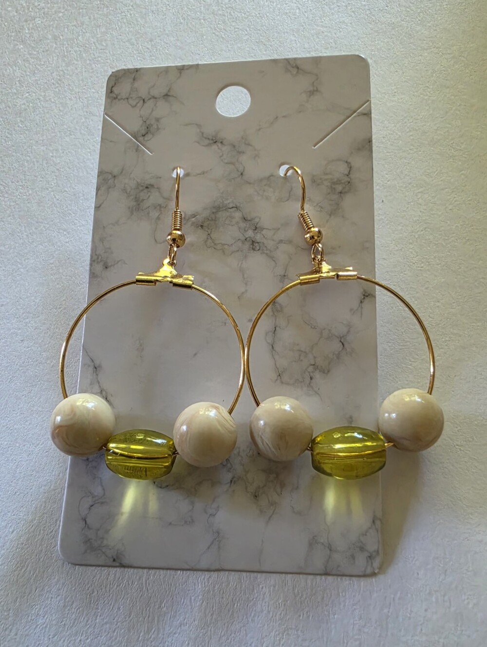 Gold Hoop Earrings with Cream Beads and Olive Glass Accent